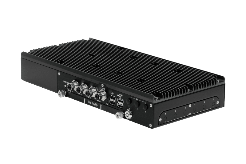 Ultra-compact and fanless in-vehicle computing system VBOX-3630RP-M12X with aluminum alloy thermal cooling design for digital signage.