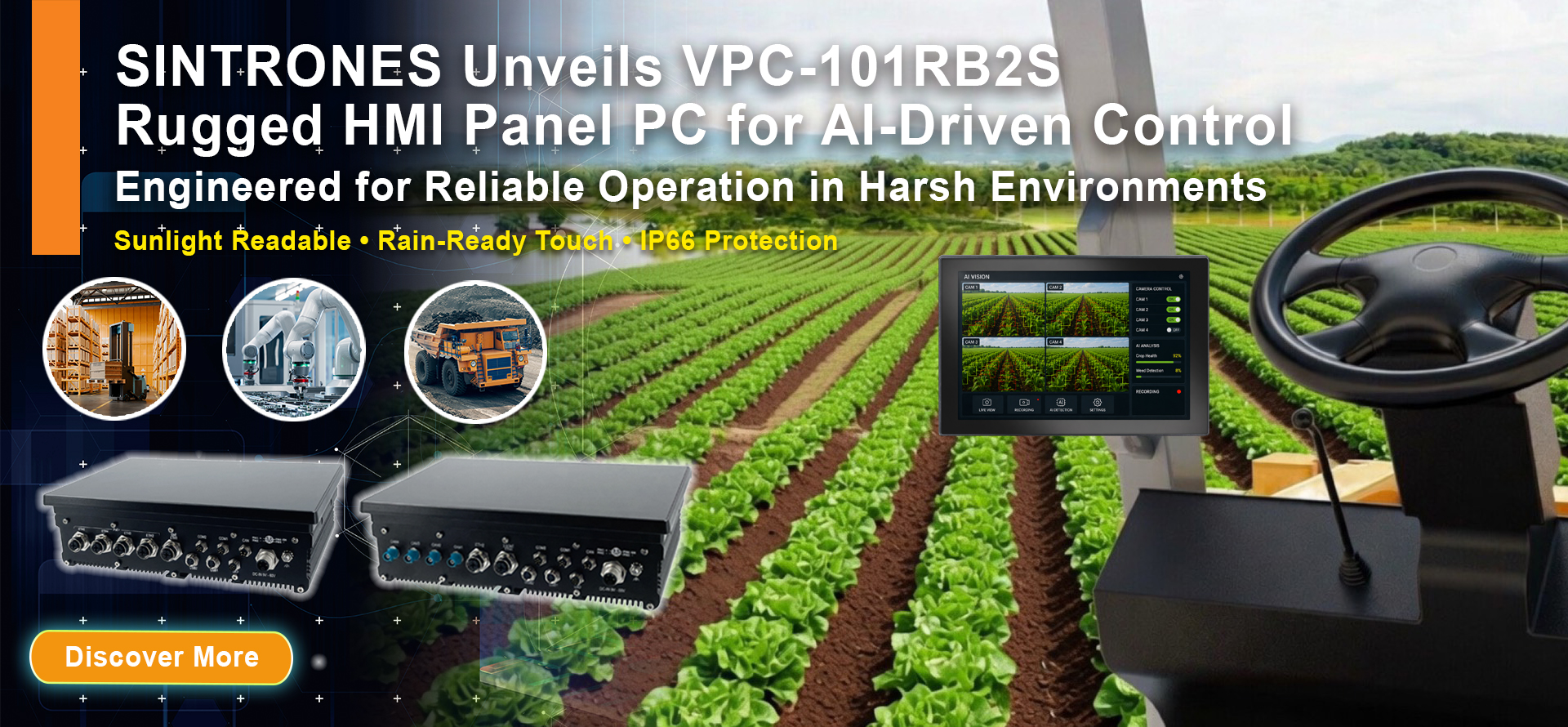 SINTRONES VPC-101RB2S rugged AI panel PC displaying multi-camera crop monitoring and AI vision analysis for smart agriculture applications.