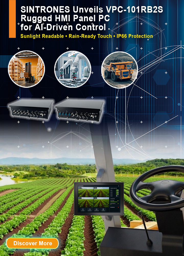 SINTRONES VPC-101RB2S rugged AI panel PC displaying multi-camera crop monitoring and AI vision analysis for smart agriculture applications.